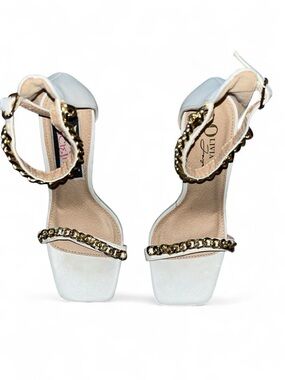 White Chain-Accent Ankle Strap Heels